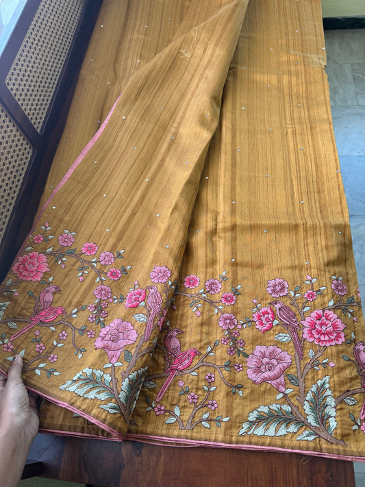 Embroidered Tussar Blend - Mustard