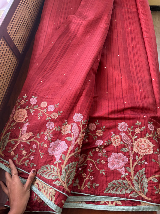 Embroidered Tussar Blend - Maroon