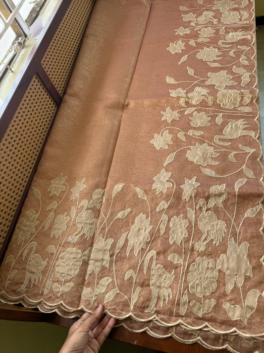 Tissue Applique Sarees - Golden Peach