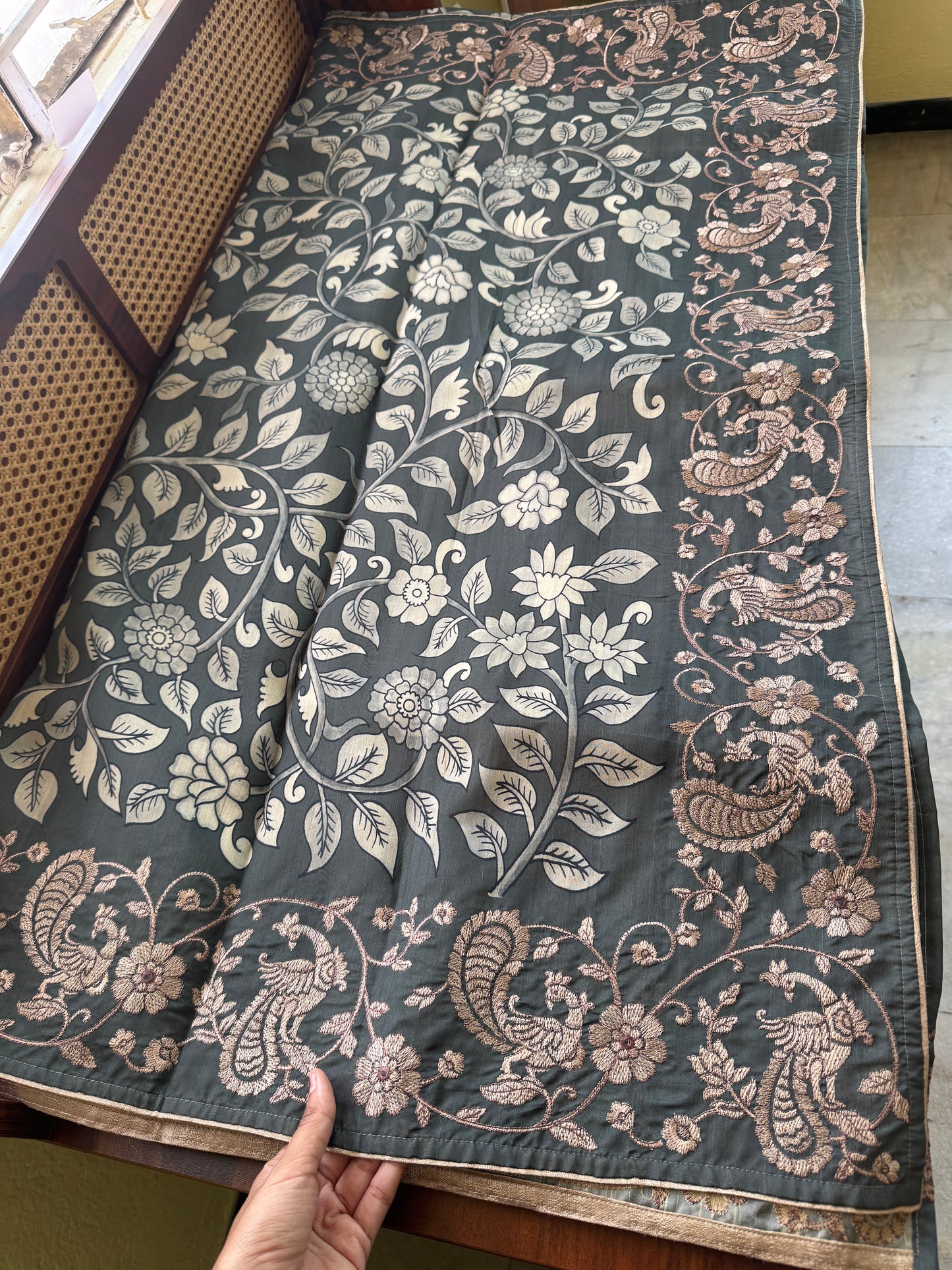 Embroidered Tussar Blend Saree- Dark Grey
