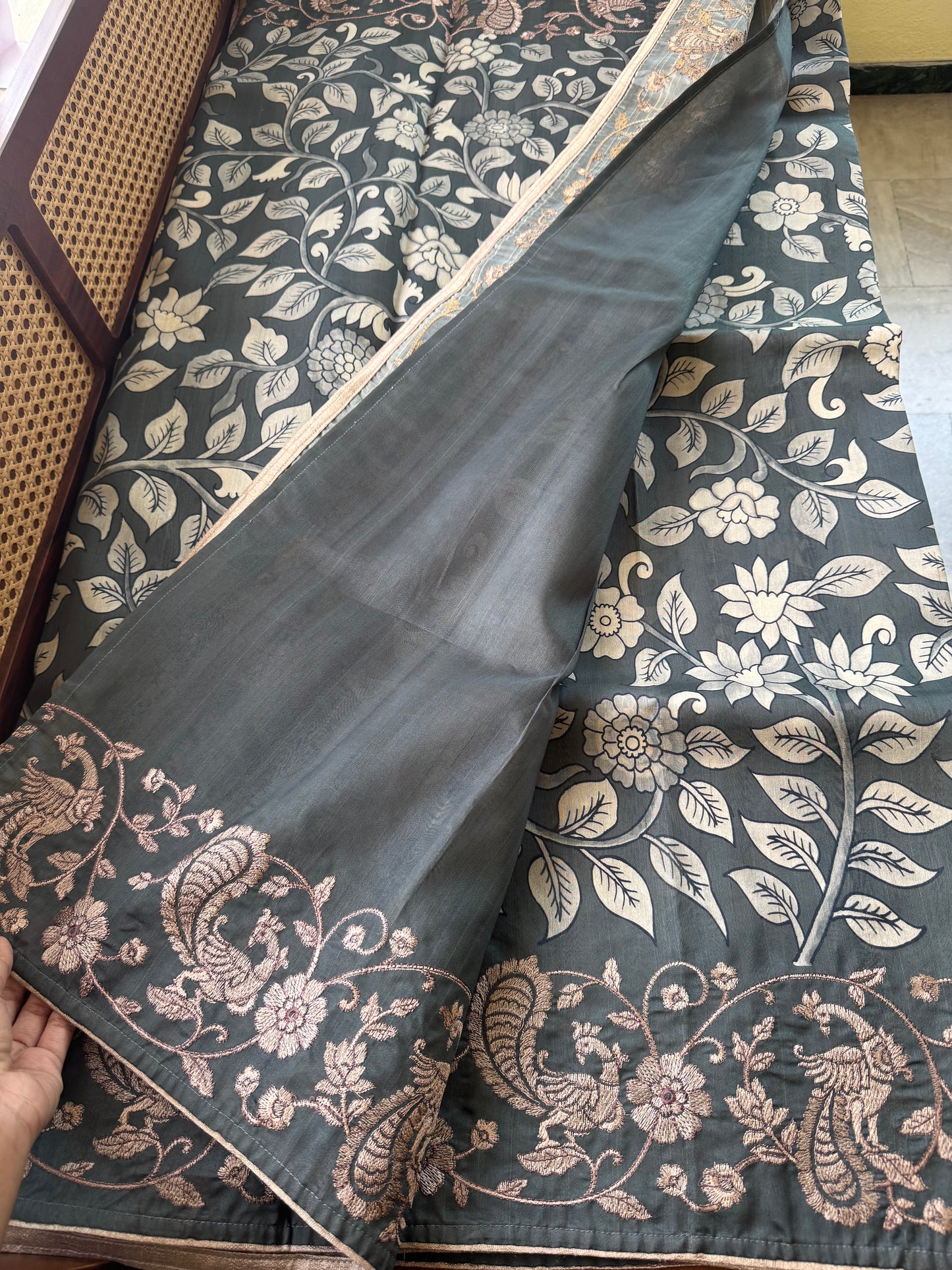 Embroidered Tussar Blend Saree- Dark Grey
