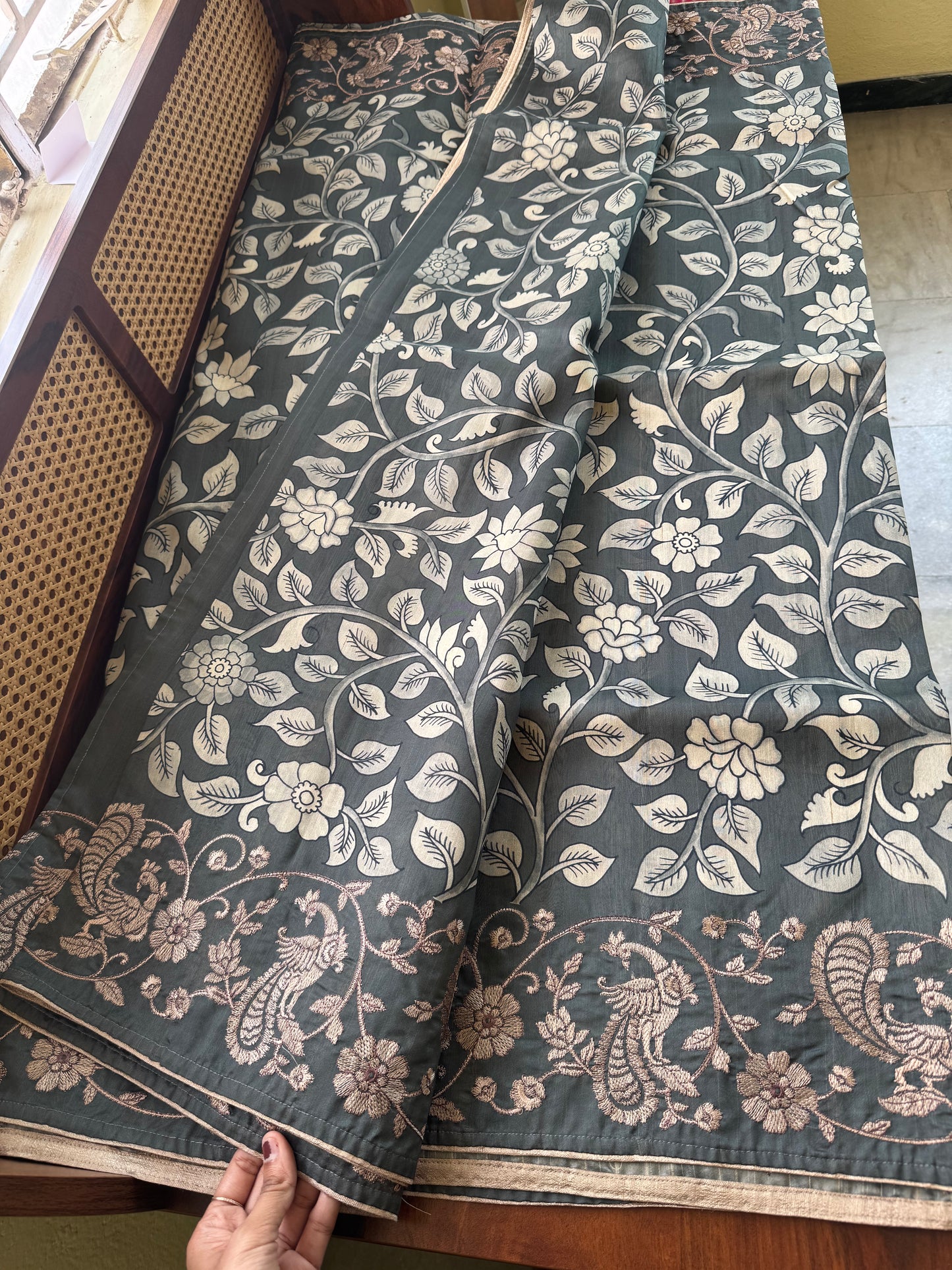 Embroidered Tussar Blend Saree- Dark Grey
