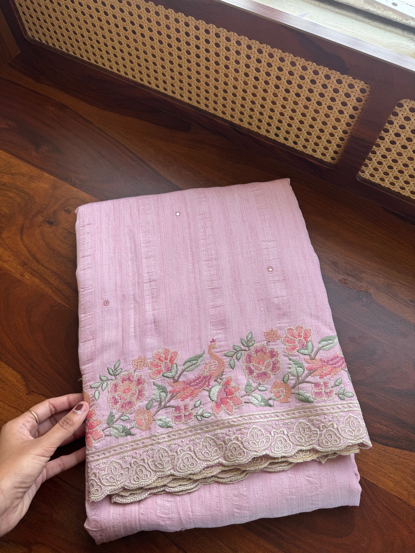 Embroidered Tussar Blend Saree- Pastel Pink