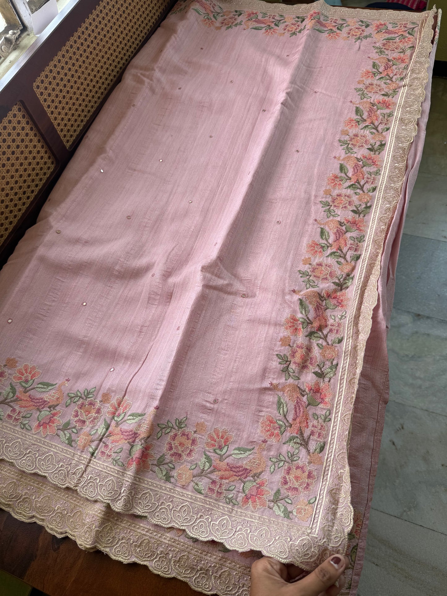 Embroidered Tussar Blend Saree- Pastel Pink