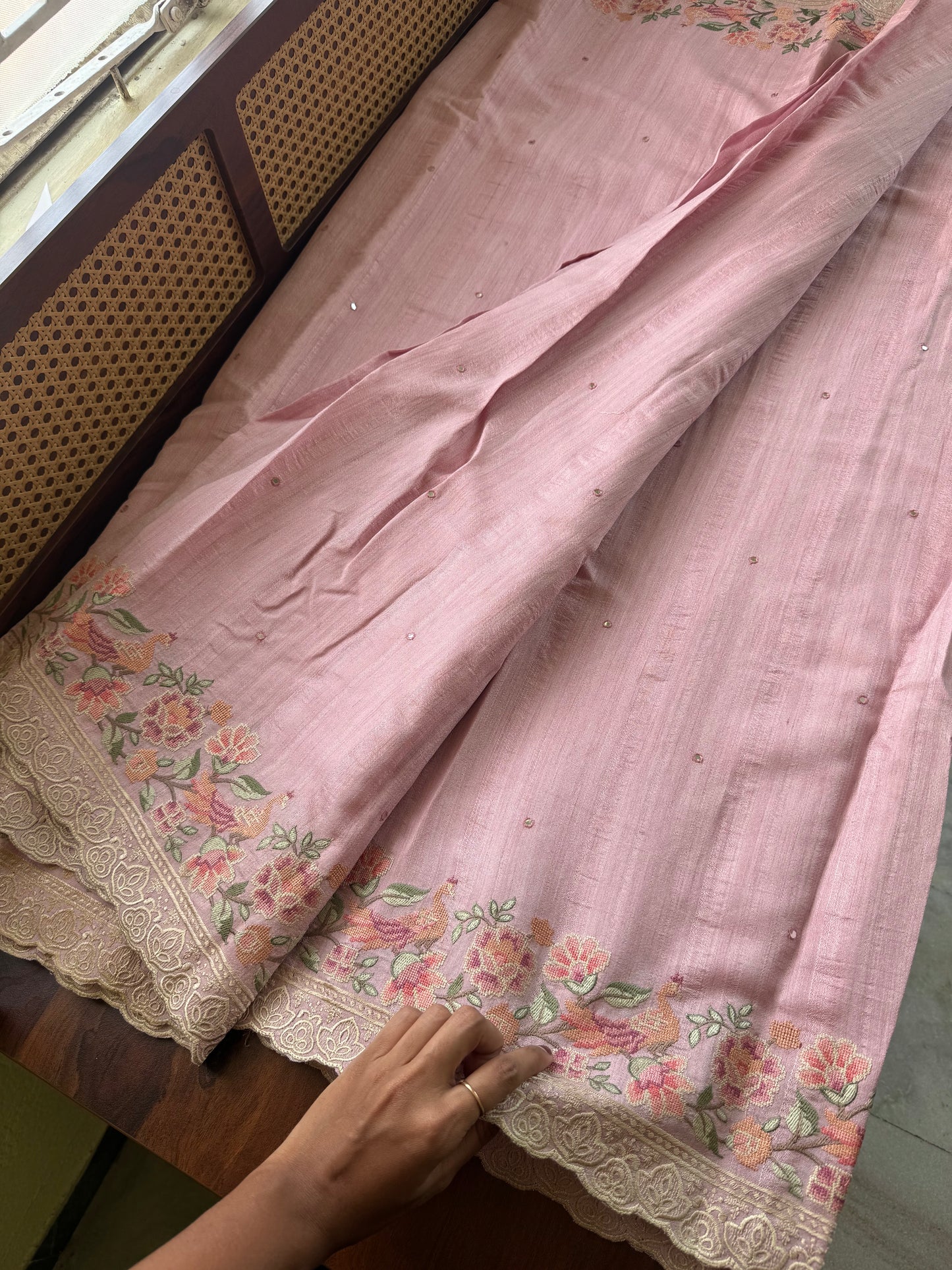 Embroidered Tussar Blend Saree- Pastel Pink