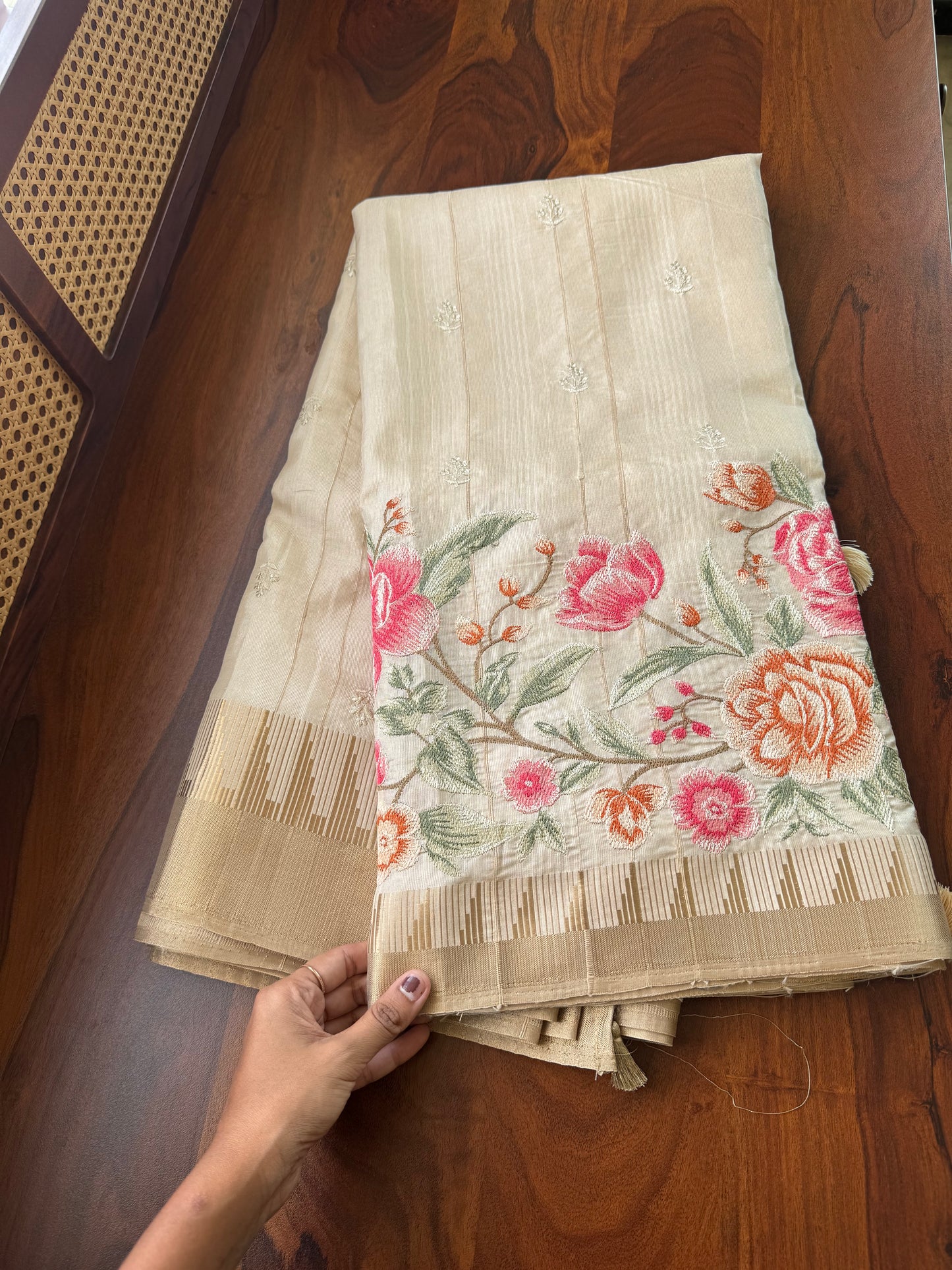 Embroidered Tussar Blend Saree- Beige