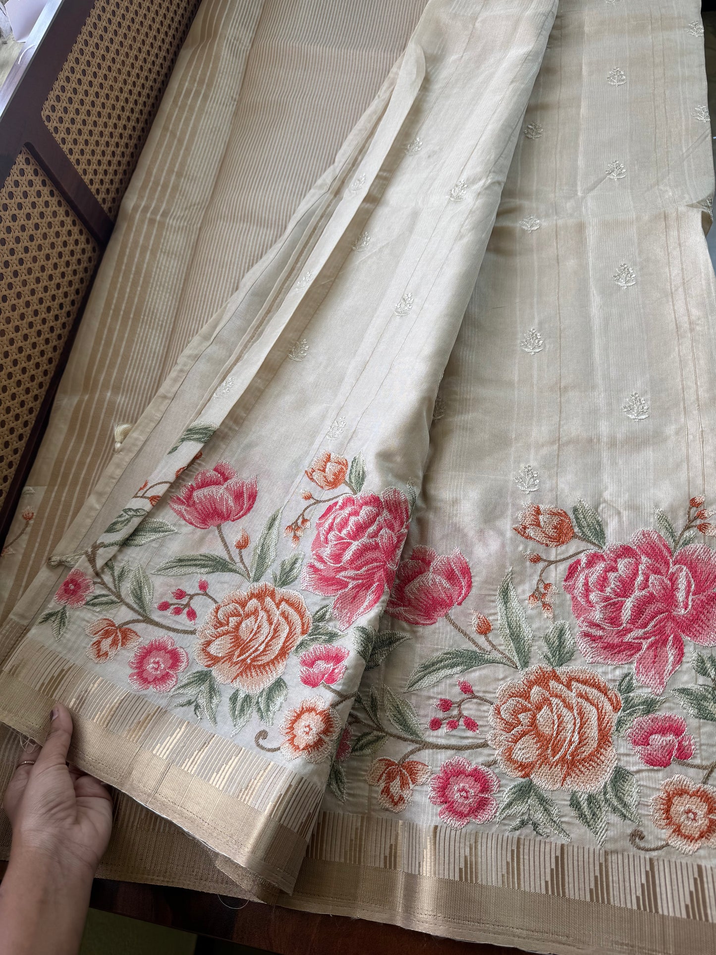 Embroidered Tussar Blend Saree- Beige