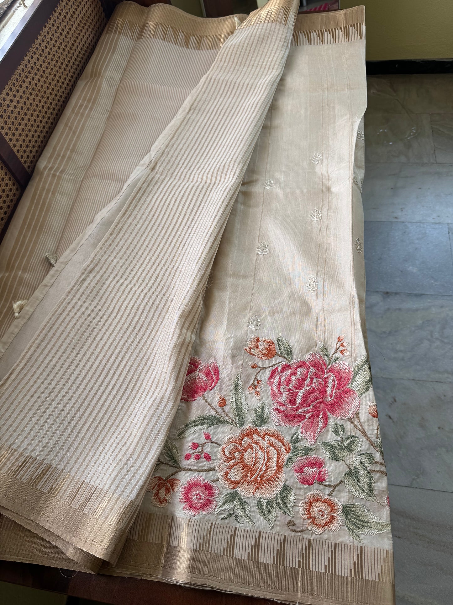 Embroidered Tussar Blend Saree- Beige