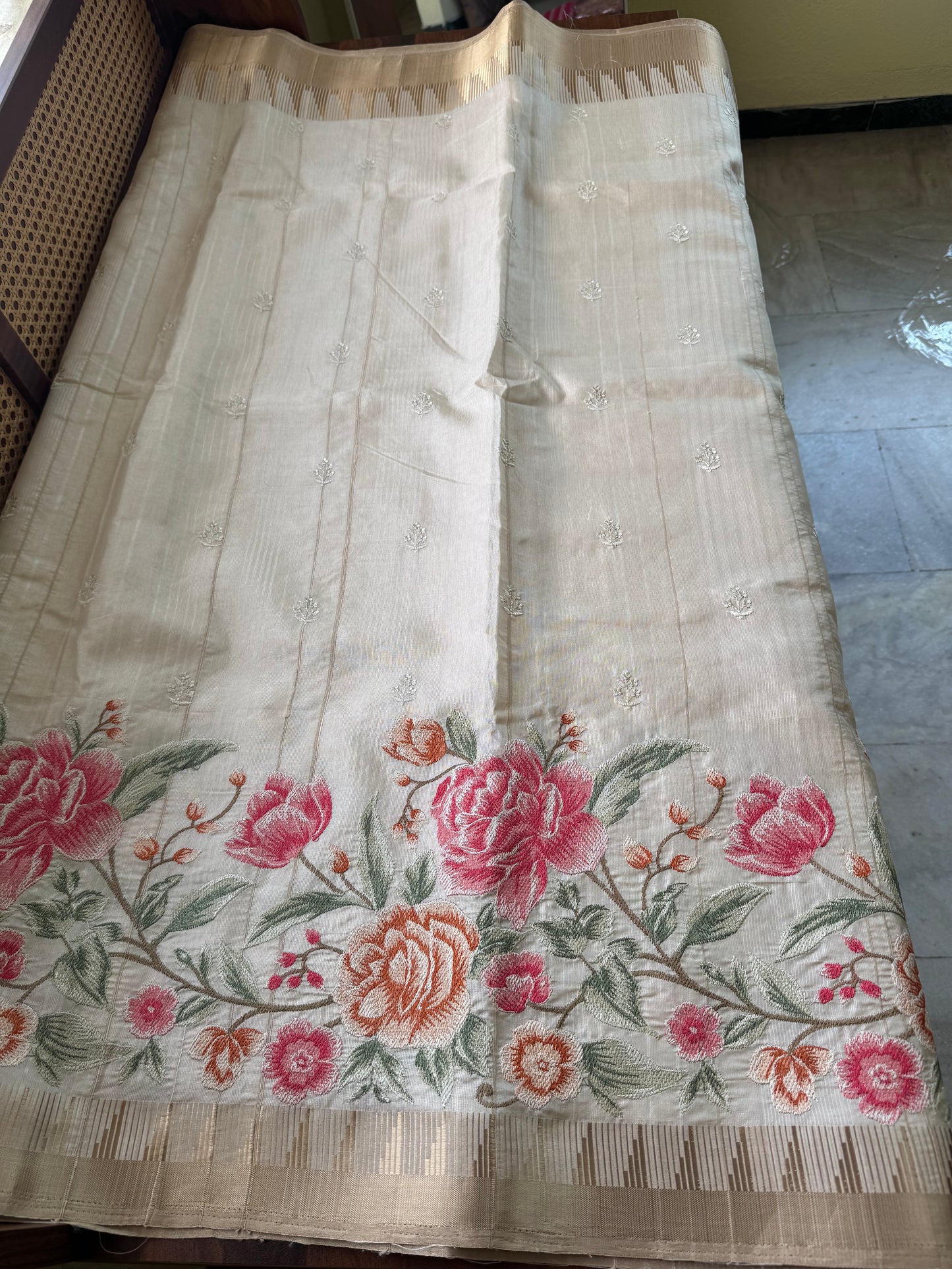 Embroidered Tussar Blend Saree- Beige