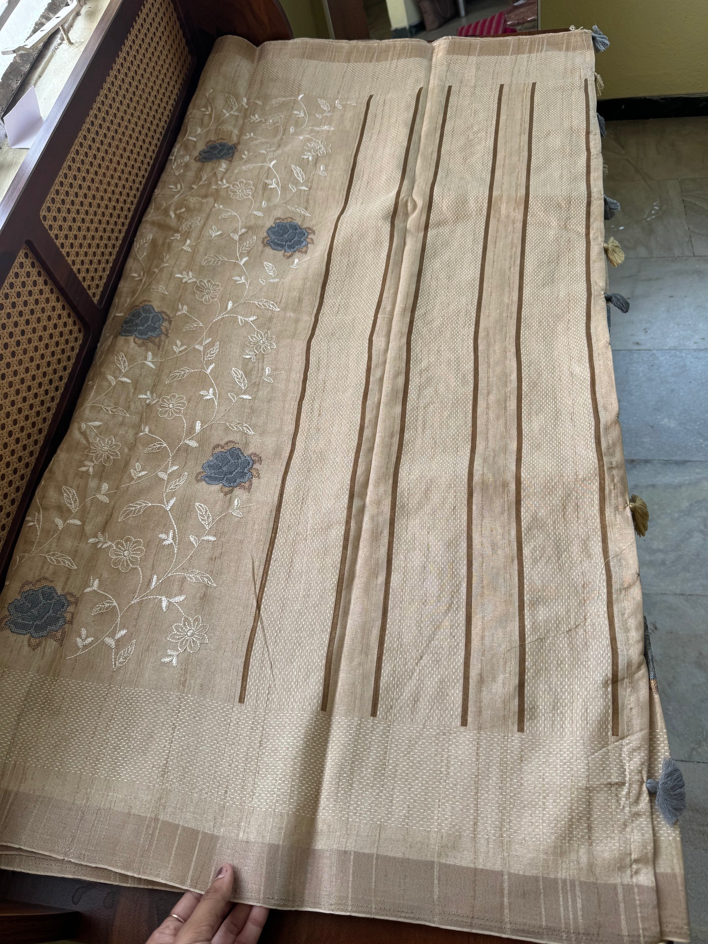 Embroidered Tussar Blend Saree- Beige