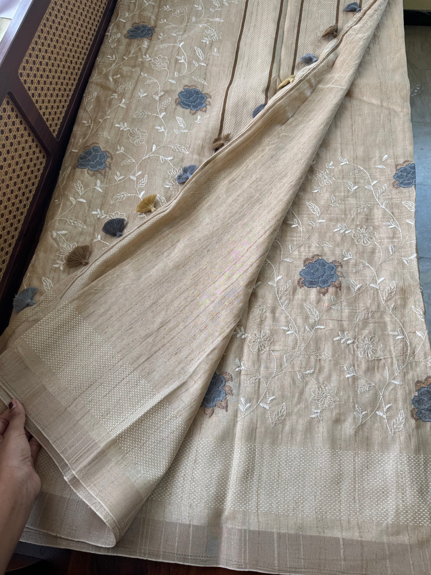 Embroidered Tussar Blend Saree- Beige