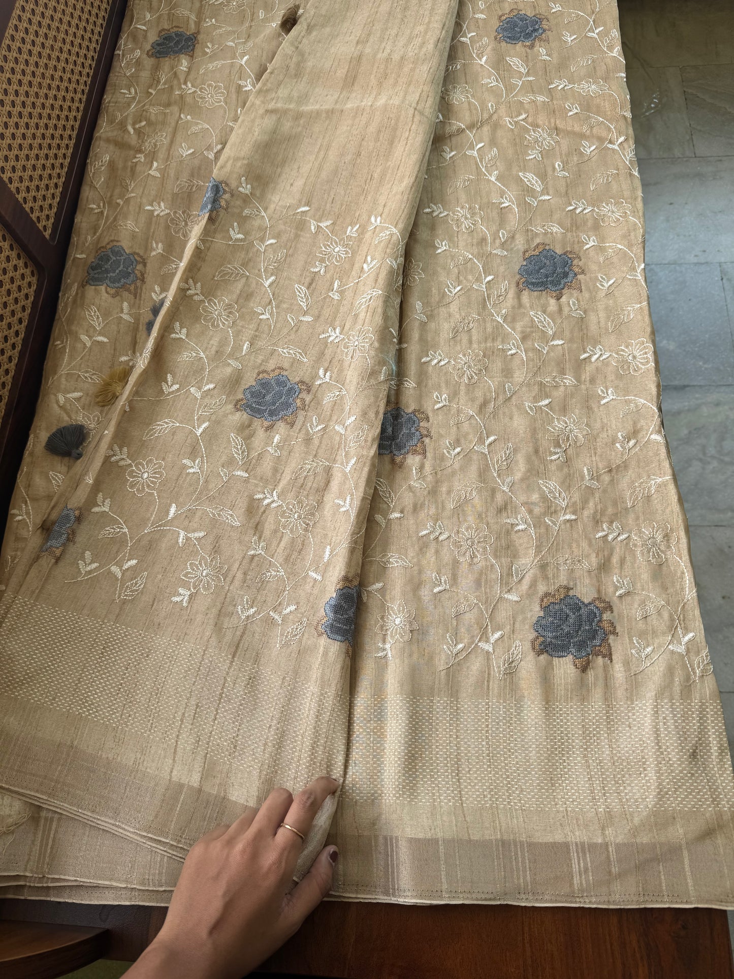 Embroidered Tussar Blend Saree- Beige