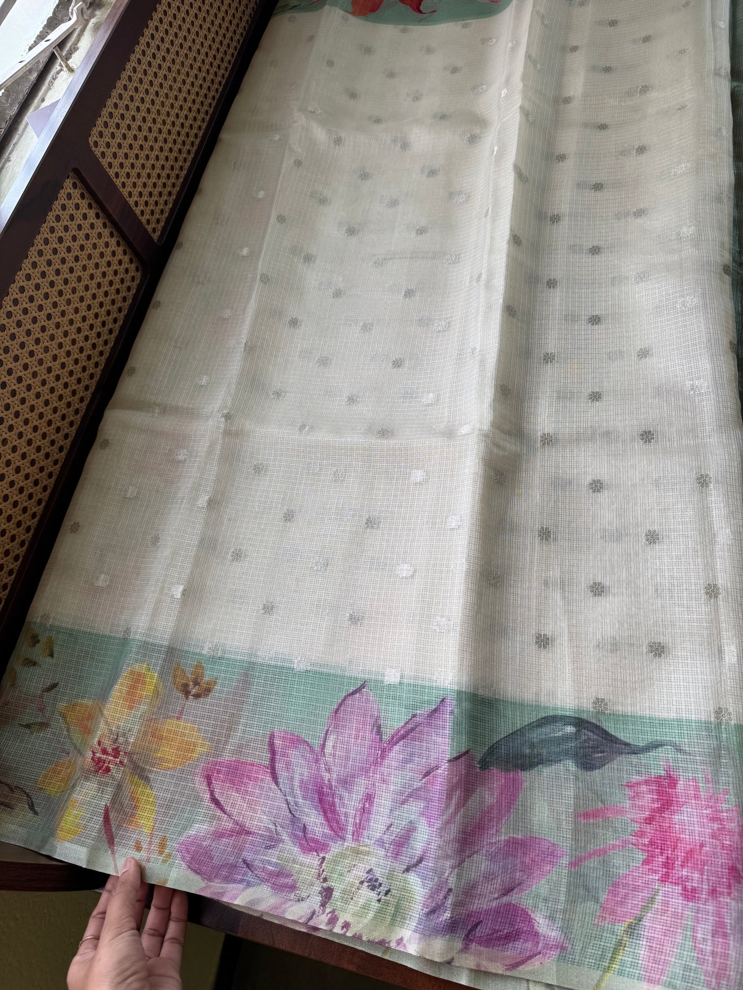 Soft Kota Saree - Halfwhite & Mint Green