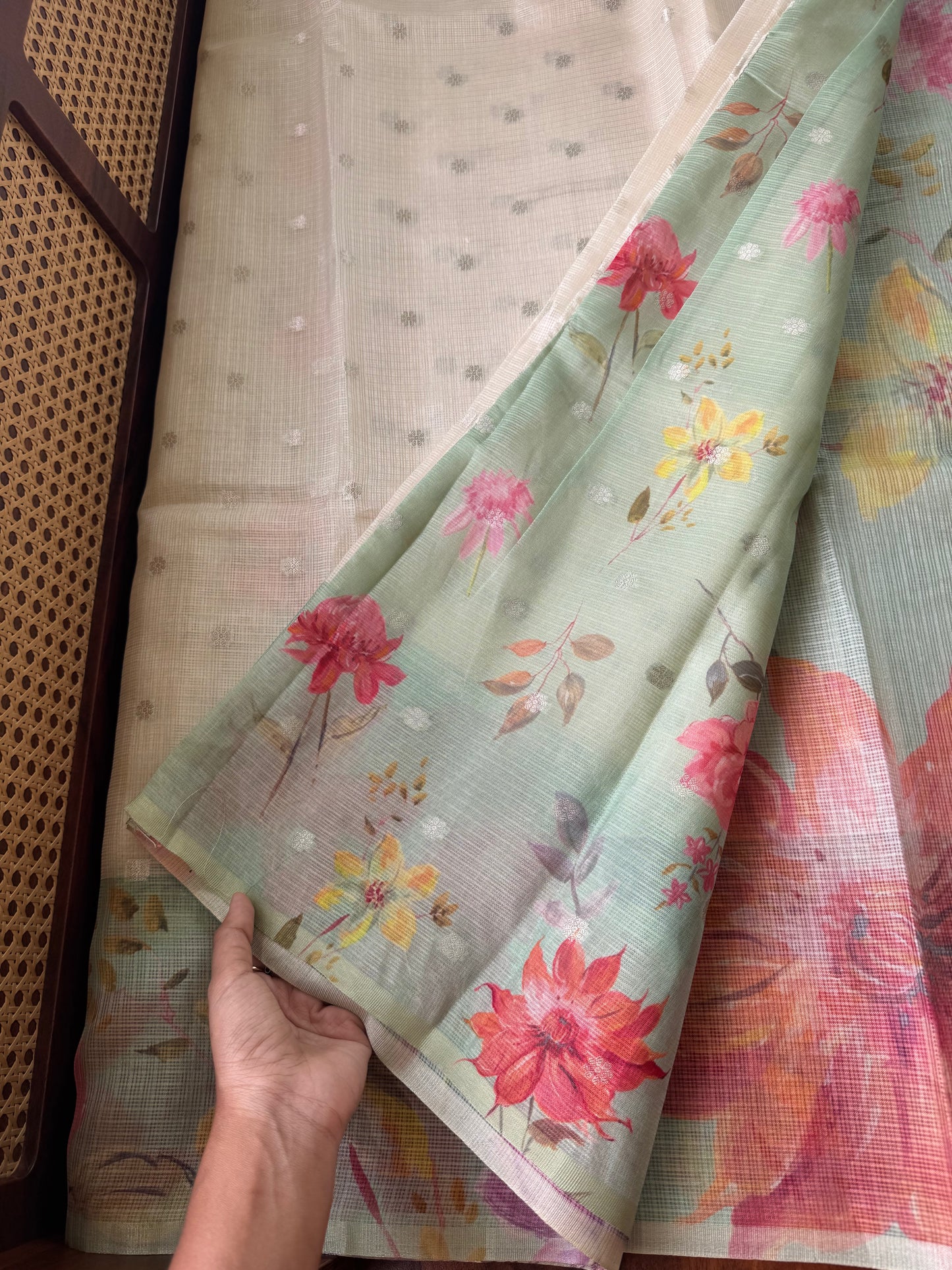 Soft Kota Saree - Halfwhite & Mint Green