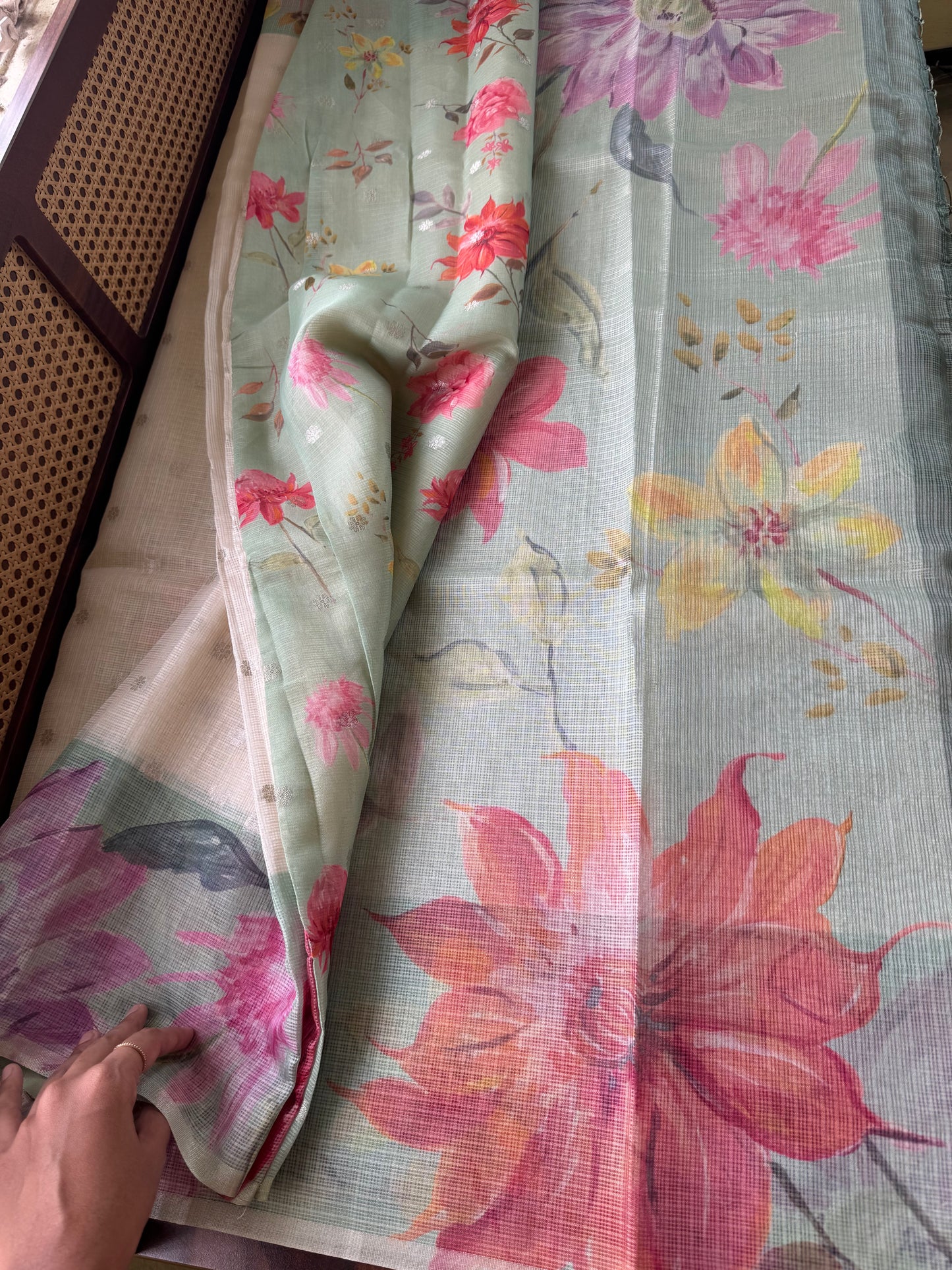 Soft Kota Saree - Halfwhite & Mint Green