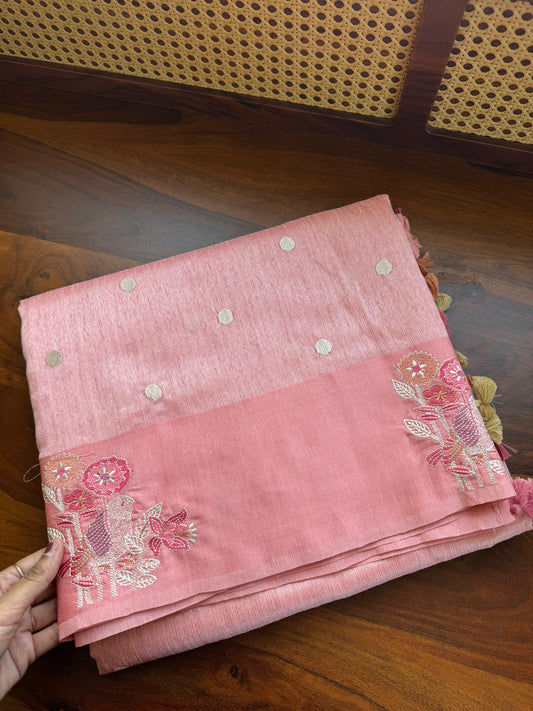 Embroidered Tussar Blend - Peach