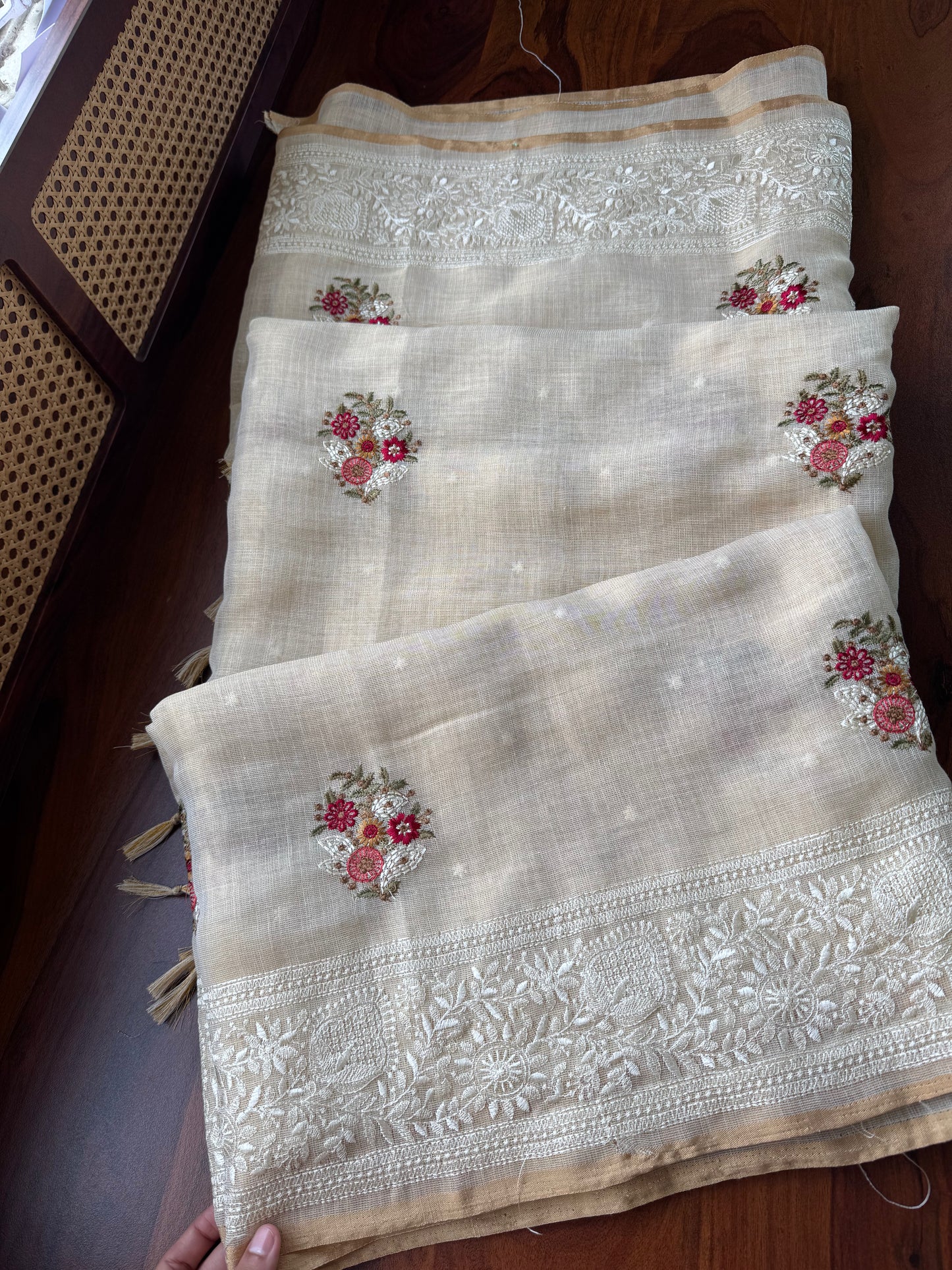 Premium Tissue Linen Sarees - Half White & Cherry Red