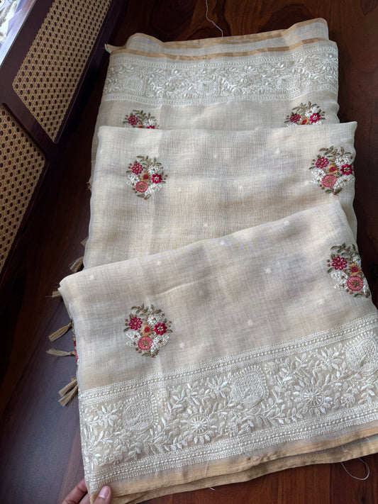Premium Tissue Linen Sarees - Half White & Cherry Red