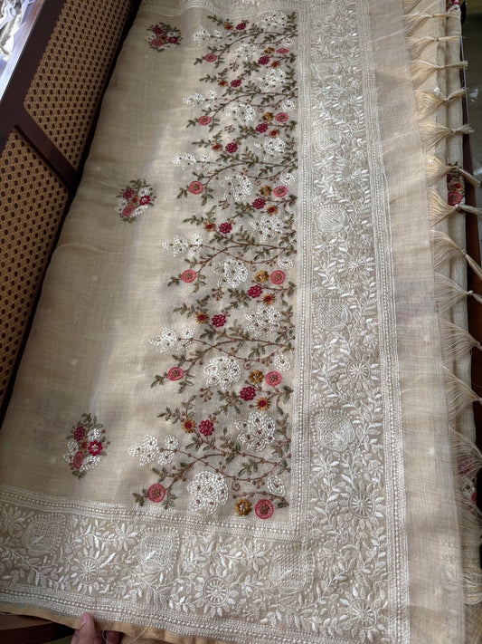 Premium Tissue Linen Sarees - Half White & Cherry Red