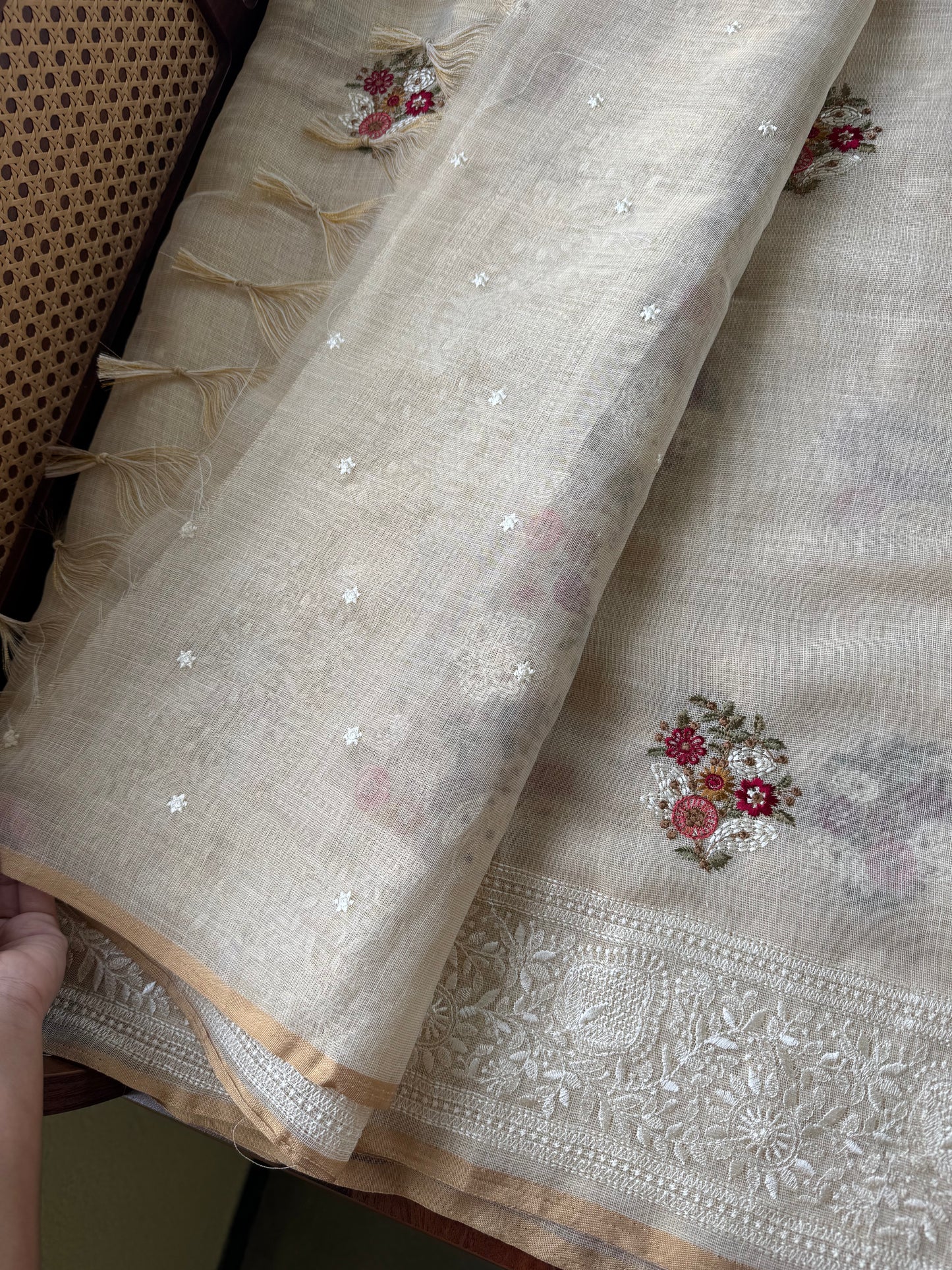 Premium Tissue Linen Sarees - Half White & Cherry Red