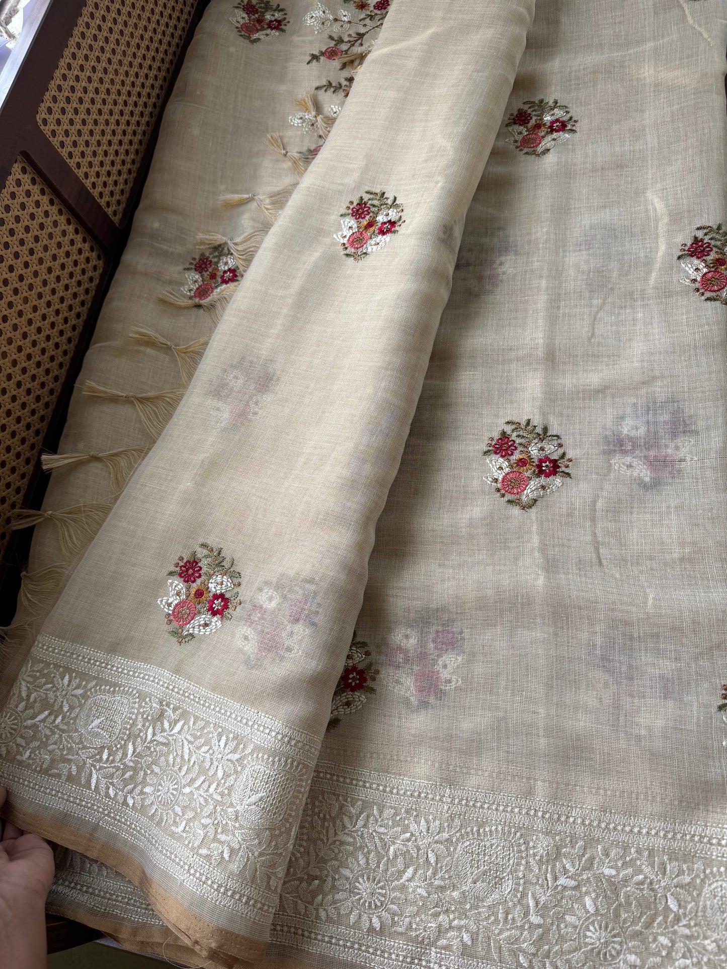 Premium Tissue Linen Sarees - Half White & Cherry Red