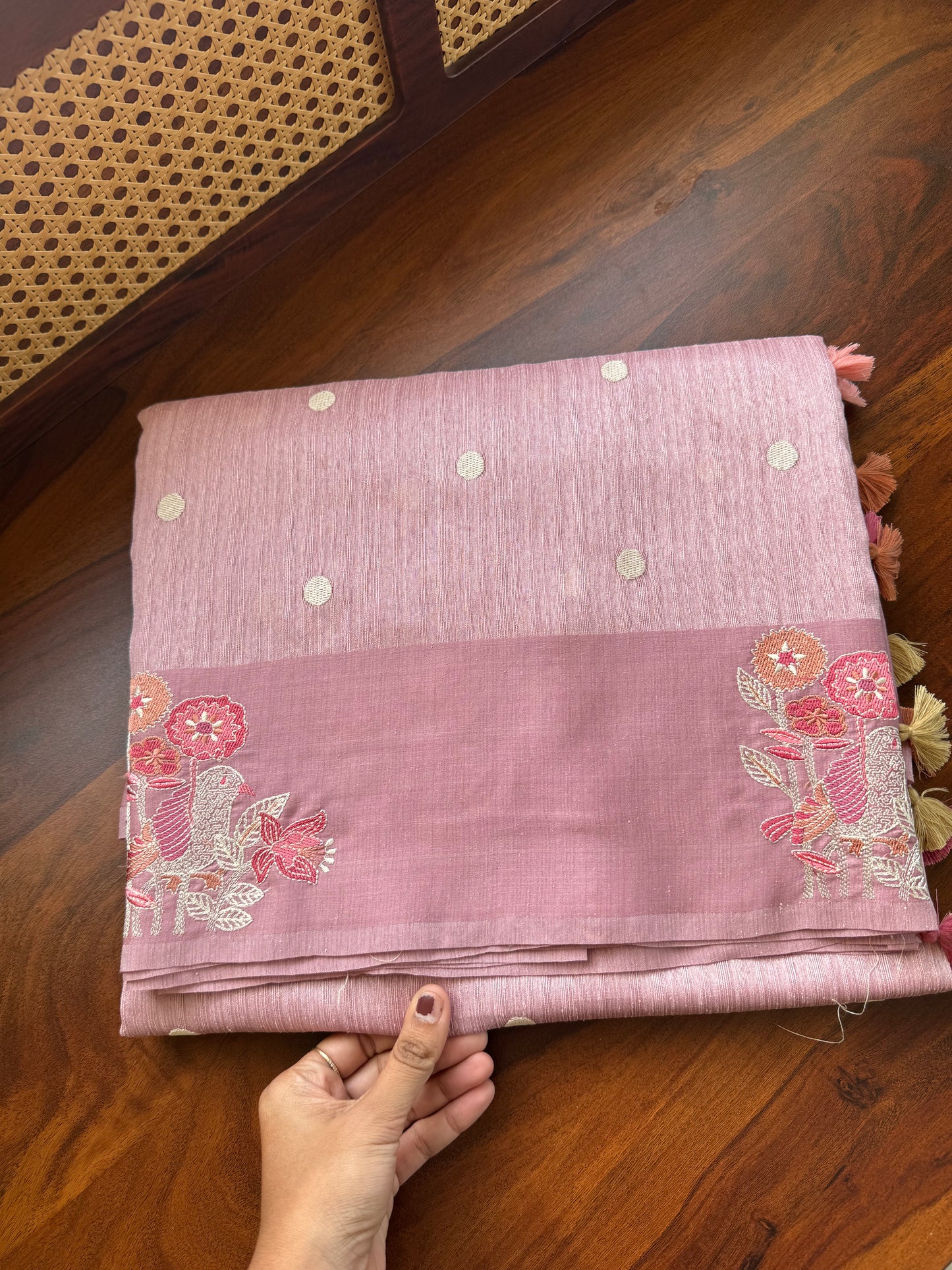 Embroidered Tussar Blend - Pink