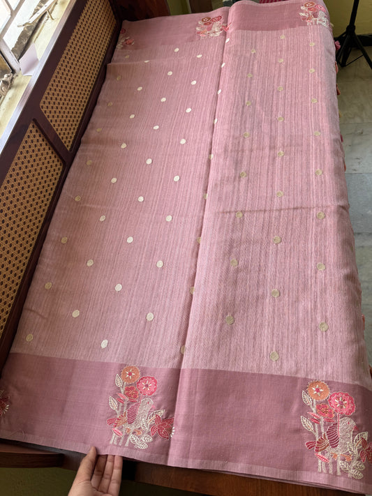 Embroidered Tussar Blend - Pink