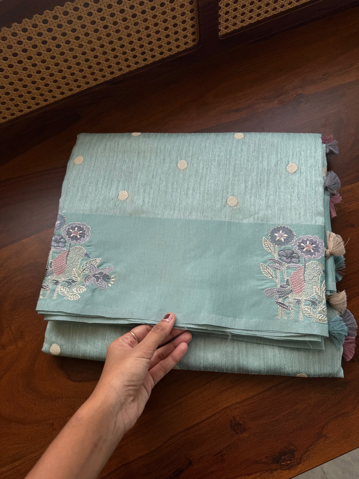 Embroidered Tussar Blend - Blue