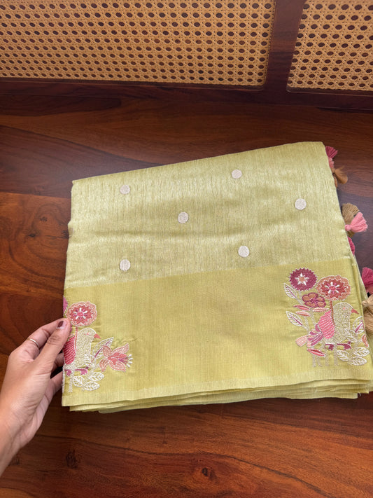 Embroidered Tussar Blend - Lime Green