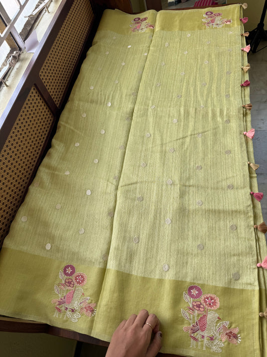 Embroidered Tussar Blend - Lime Green