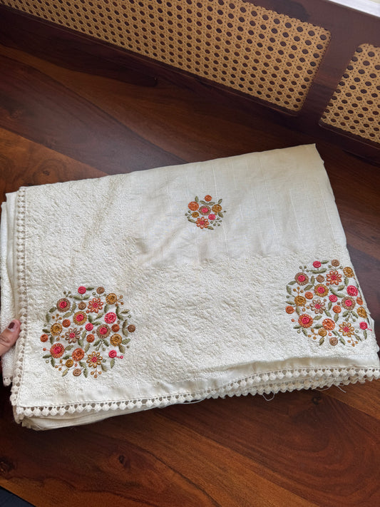 Embroidered Tussar Blend - White & Marigold