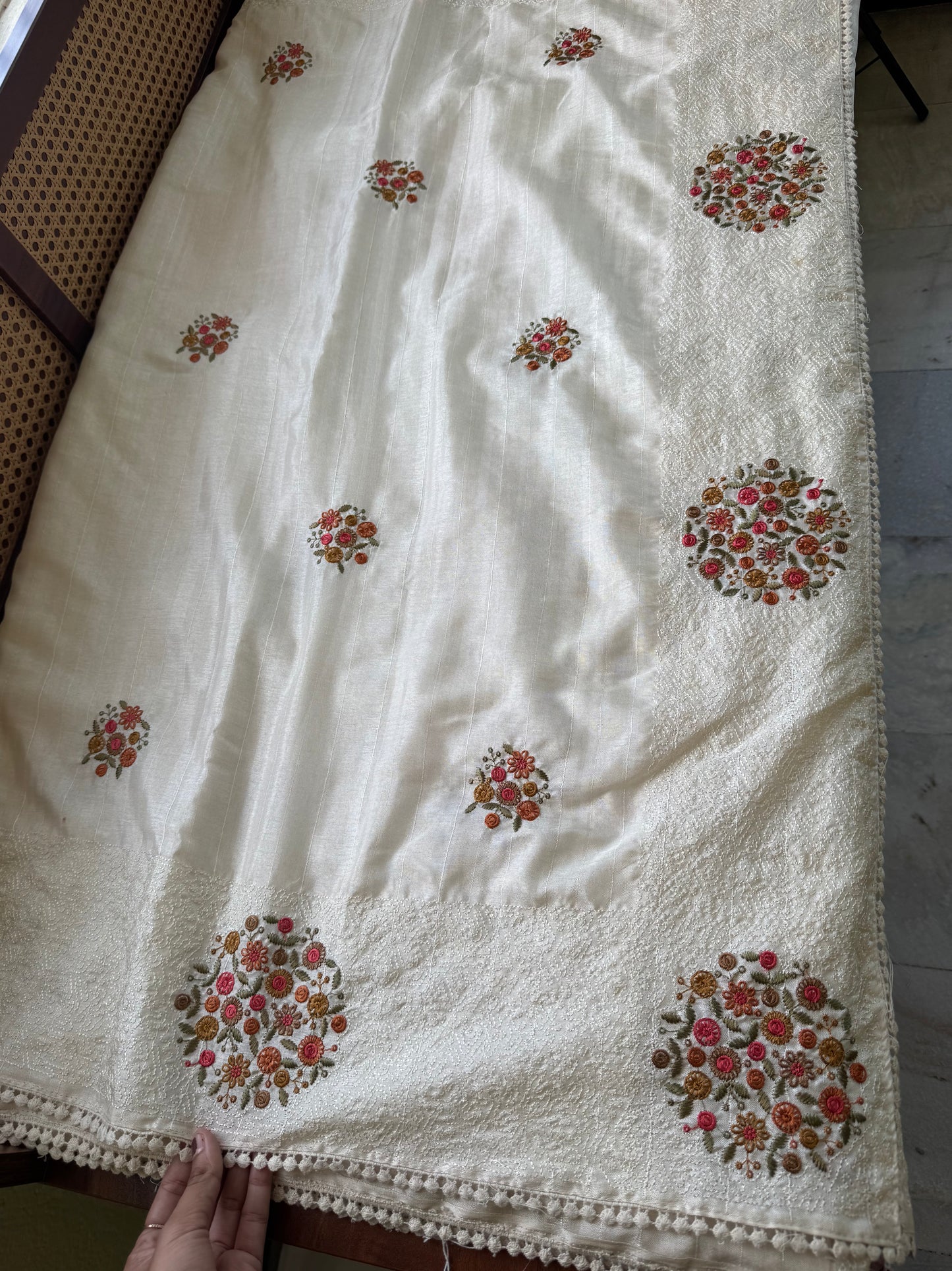 Embroidered Tussar Blend - White & Marigold