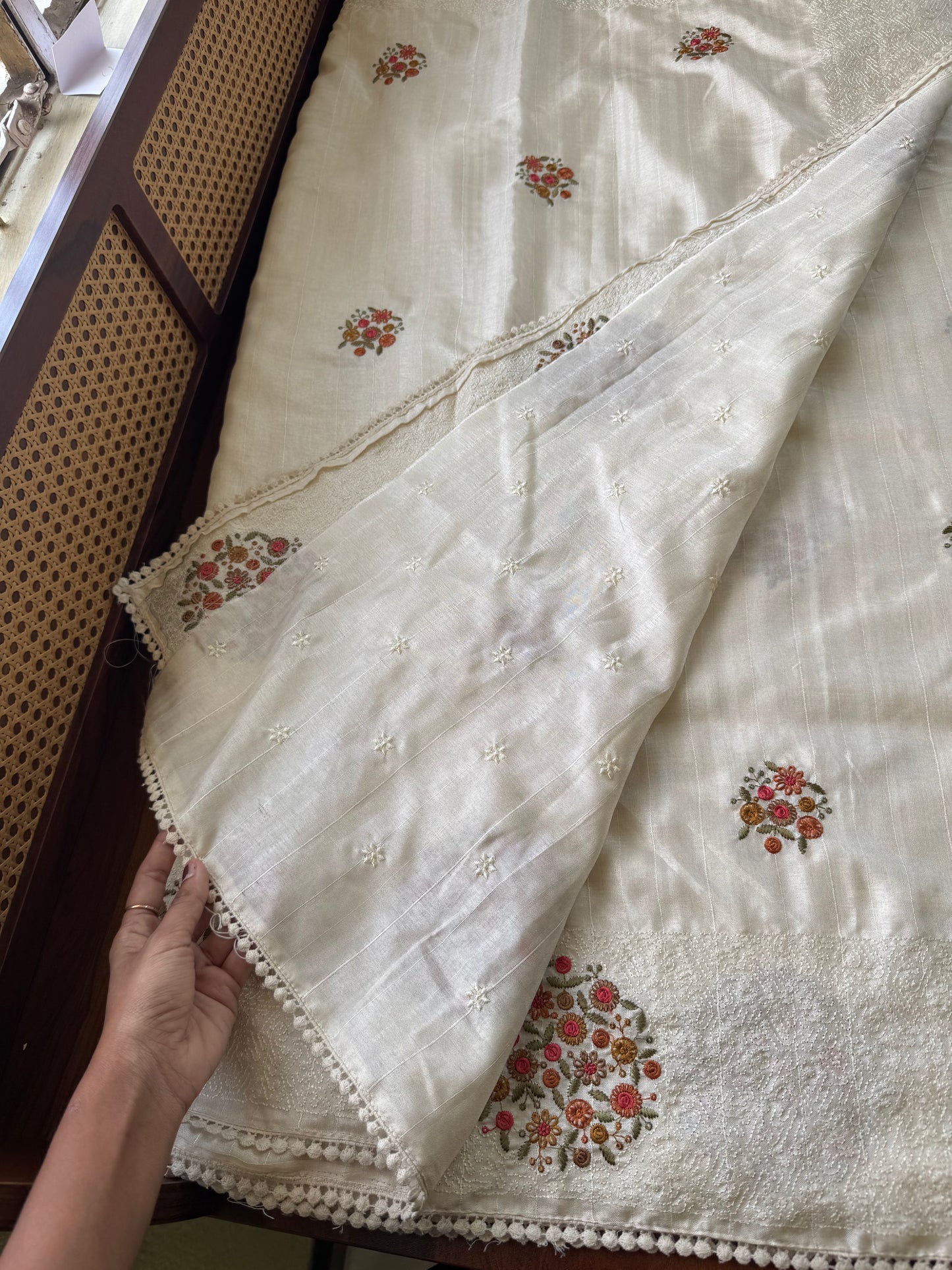 Embroidered Tussar Blend - White & Marigold