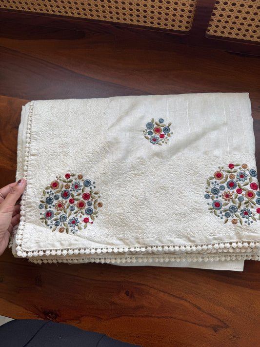 Embroidered Tussar Blend - White & Blue