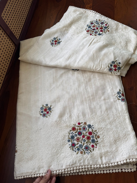 Embroidered Tussar Blend - White & Blue