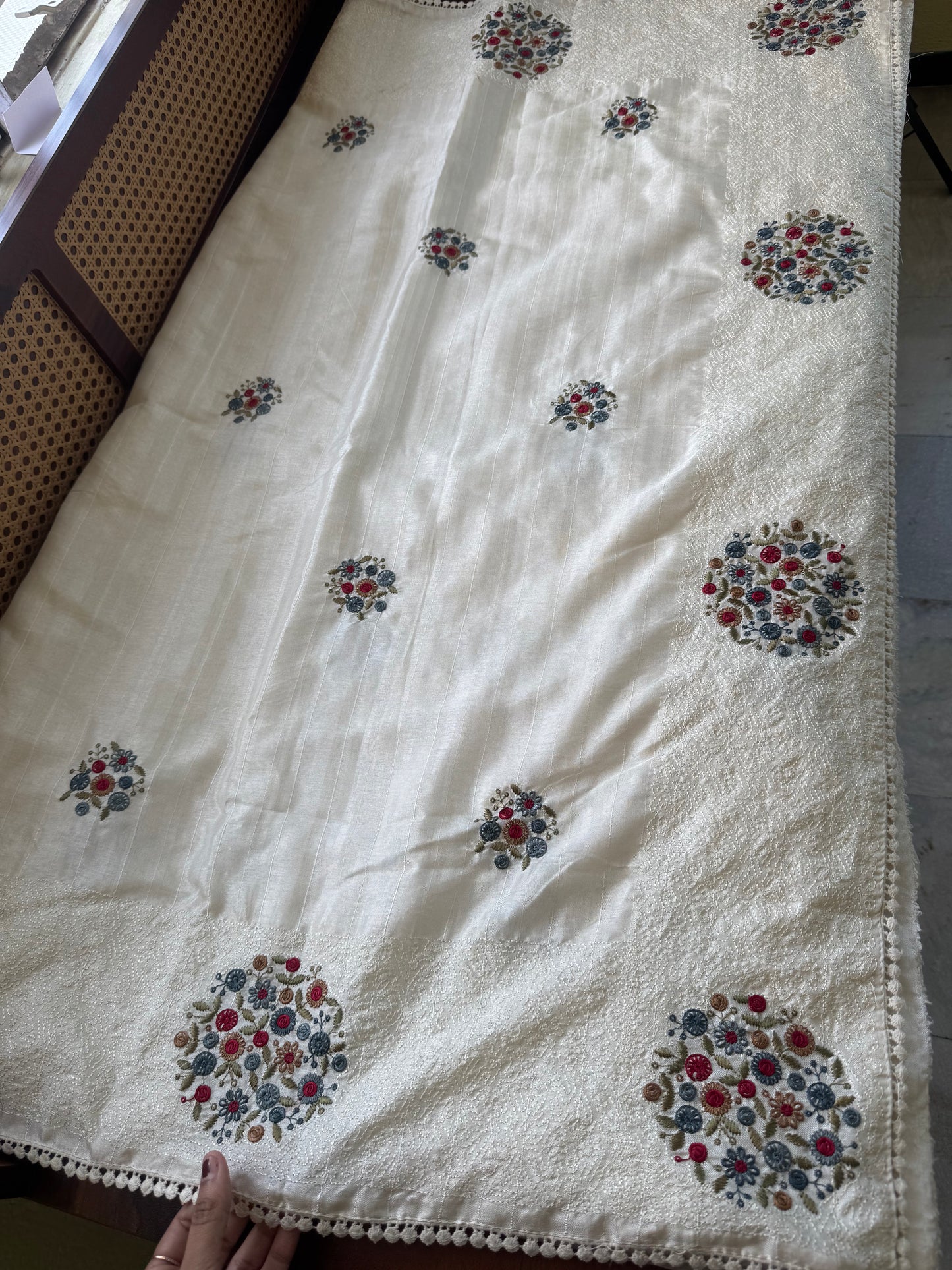 Embroidered Tussar Blend - White & Blue