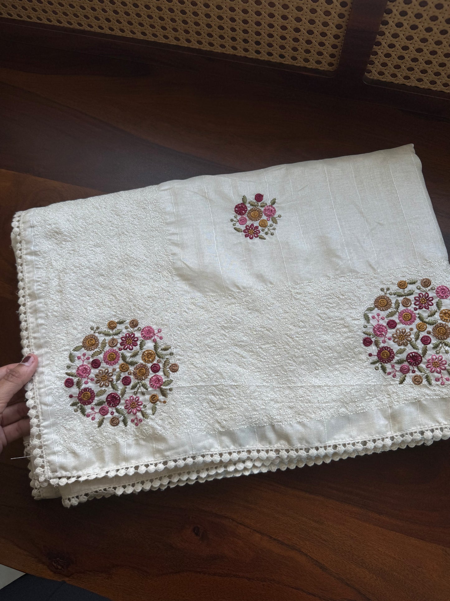 Embroidered Tussar Blend - White & Pink