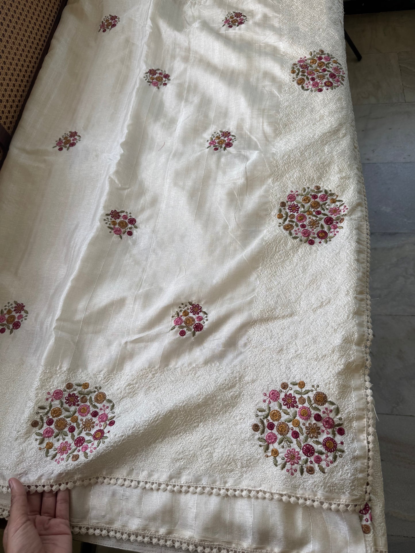 Embroidered Tussar Blend - White & Pink