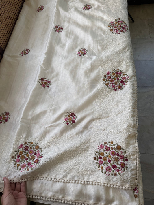 Embroidered Tussar Blend - White & Pink