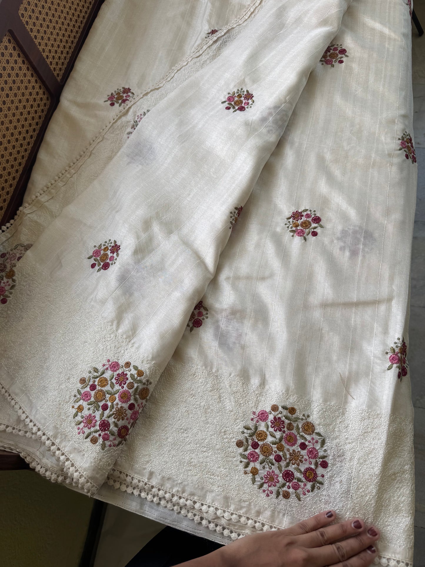 Embroidered Tussar Blend - White & Pink