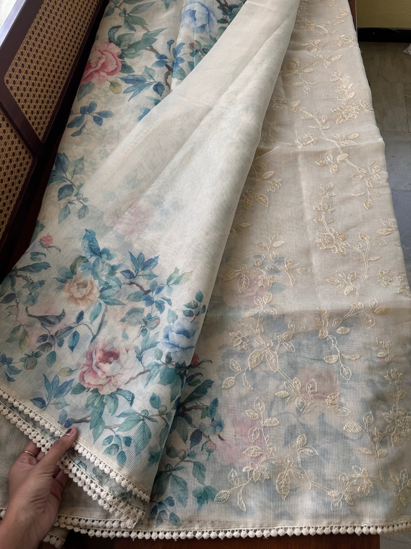 Soft Pure Kota Saree - Half White & Blue