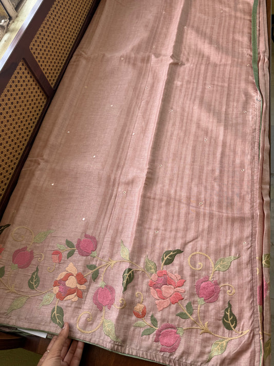 Embroidered Tussar Blend - Pink
