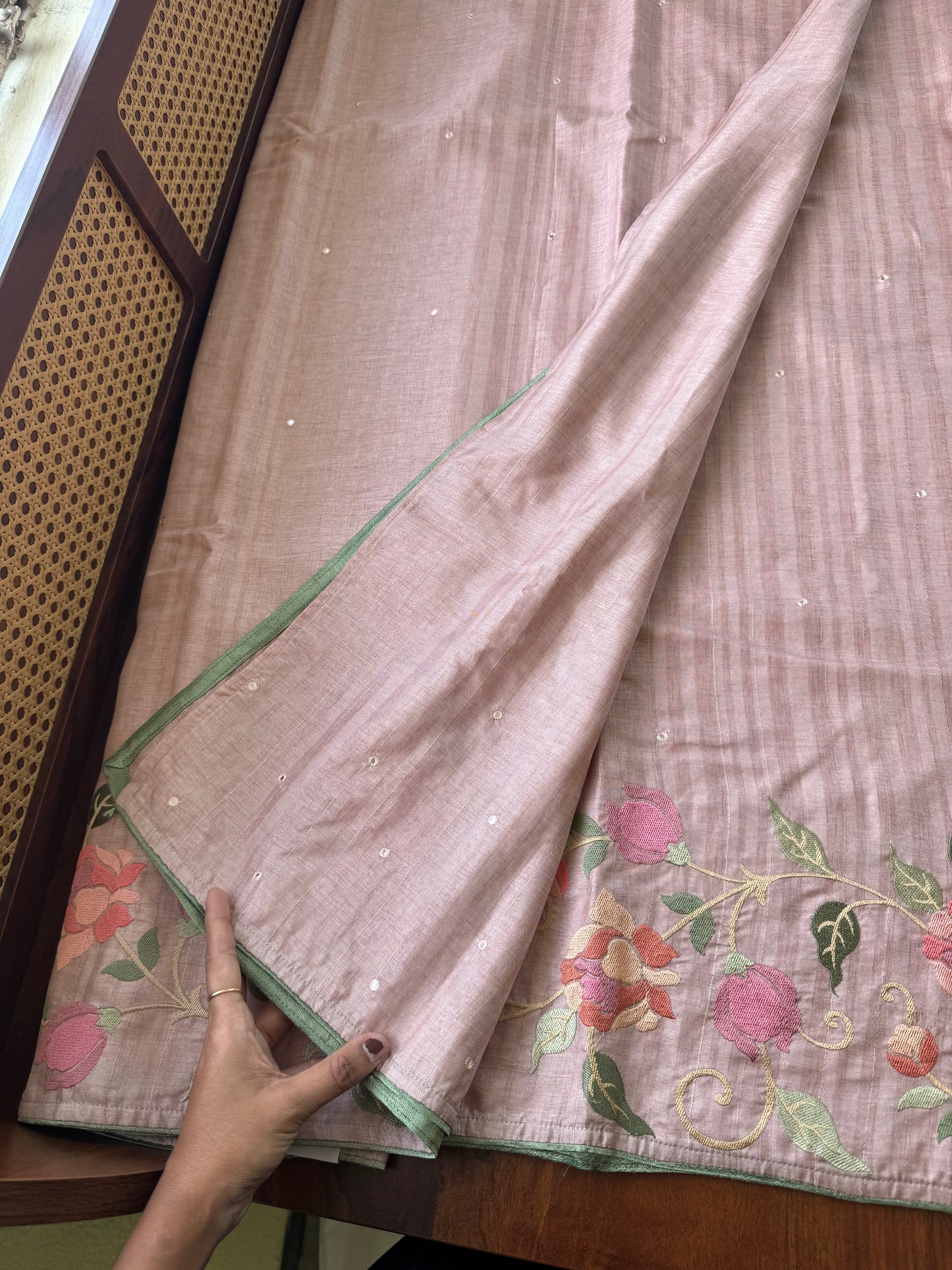 Embroidered Tussar Blend - Pink