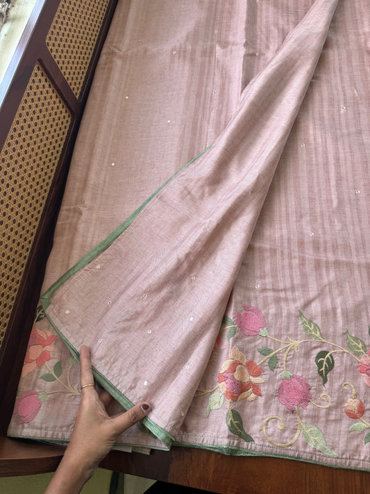 Embroidered Tussar Blend - Pink