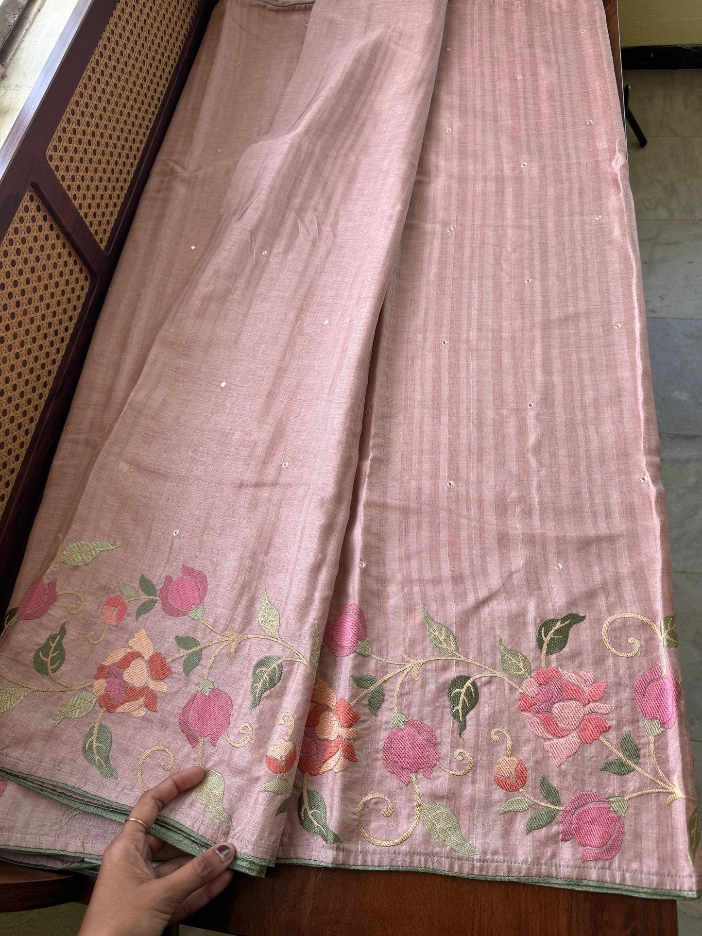 Embroidered Tussar Blend - Pink