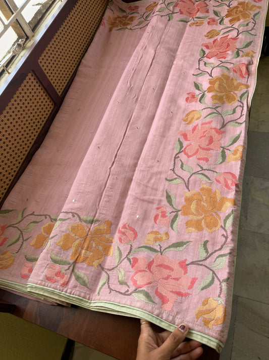 Embroidered Tussar Blend - Pink