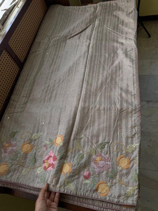 Embroidered Tussar Blend - Grey
