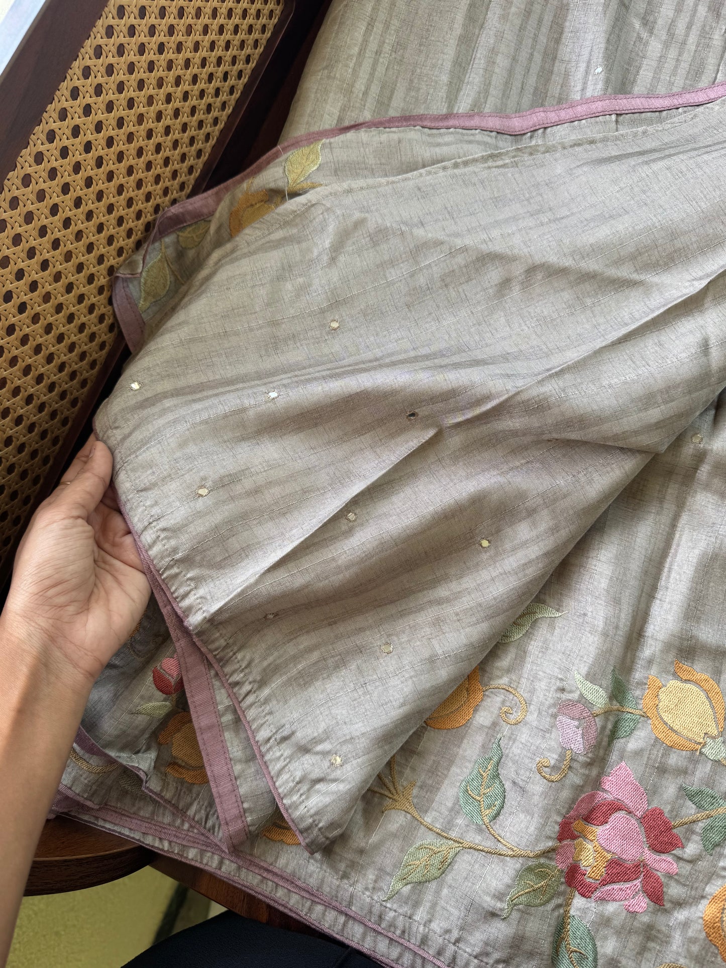 Embroidered Tussar Blend - Grey