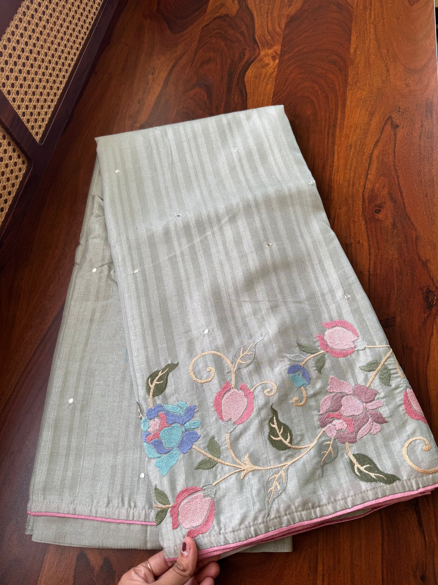 Embroidered Tussar Blend - Grey