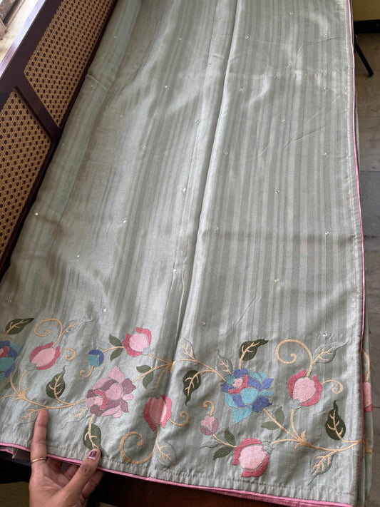 Embroidered Tussar Blend - Grey